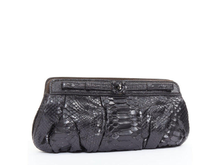 ZAGLIANI glossy black scaled leather framed turnlock evening clutch bag