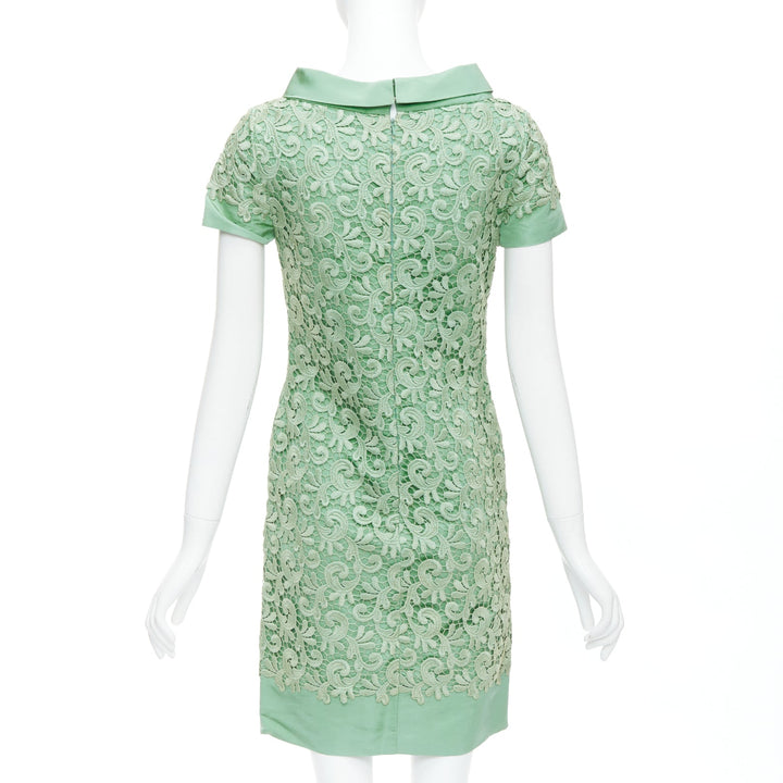 OSCAR DE LA RENTA S12 100%  green cotton lace silk stand collar dress US0 XS