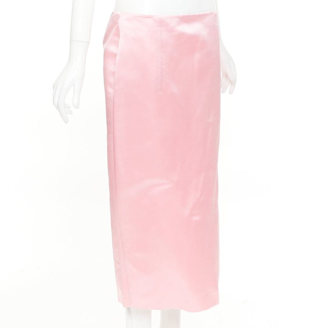 PRADA 2022 Raf Simons Runway pink double satin high rear split midi skirt IT42 M