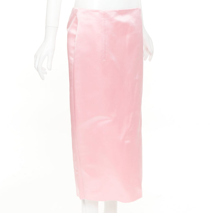PRADA 2022 Raf Simons Runway pink double satin high rear split midi skirt IT42 M