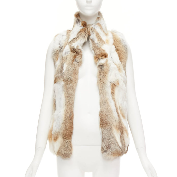 EAVES brown white rabbit fur patchwork hi neck sleeveless vest jacket S