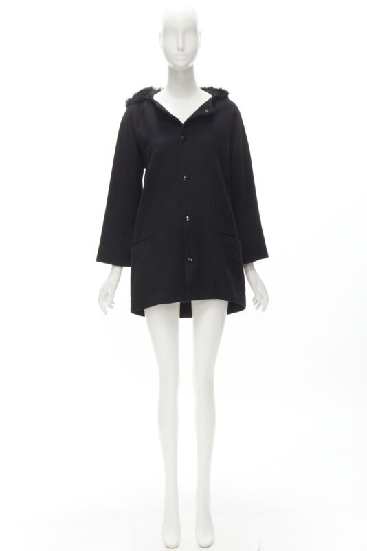 Y3 YOHJI YAMAMOTO ADIDAS black wool fur lined hood cocoon coat XS