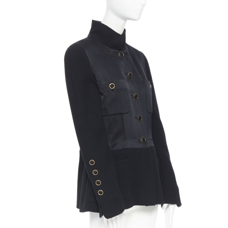 CHANEL black silk satin crepe 4 pockets gold high collar mandarin jacket FR42