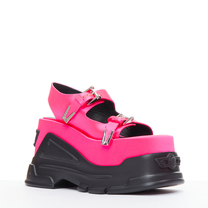 new VERSACE Anthem 120 Tropical Pink fuschia satin platform chunky sandals EU38