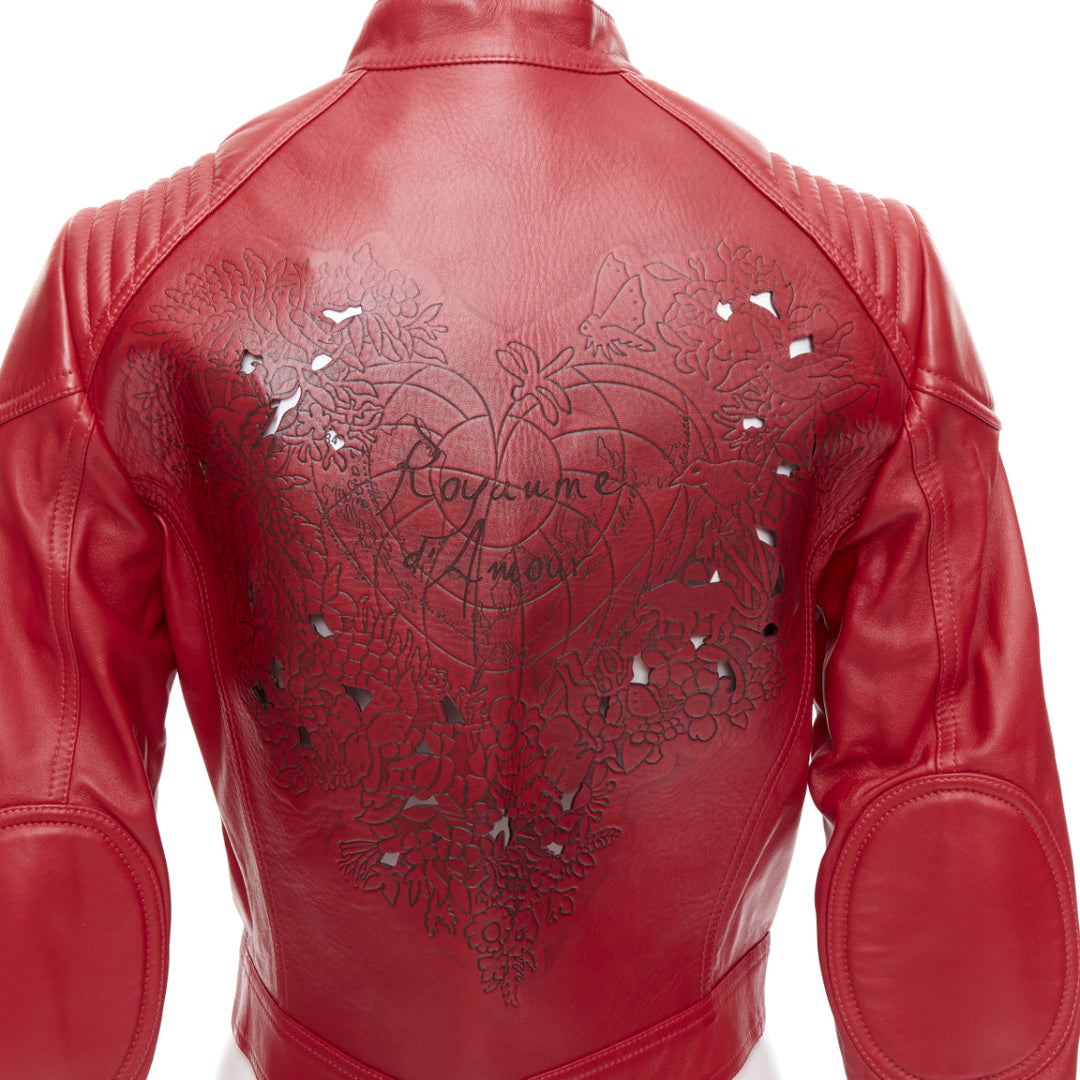 DIOR Royaume d'Amour red leather laser cut moto biker jacket FR34 XS
