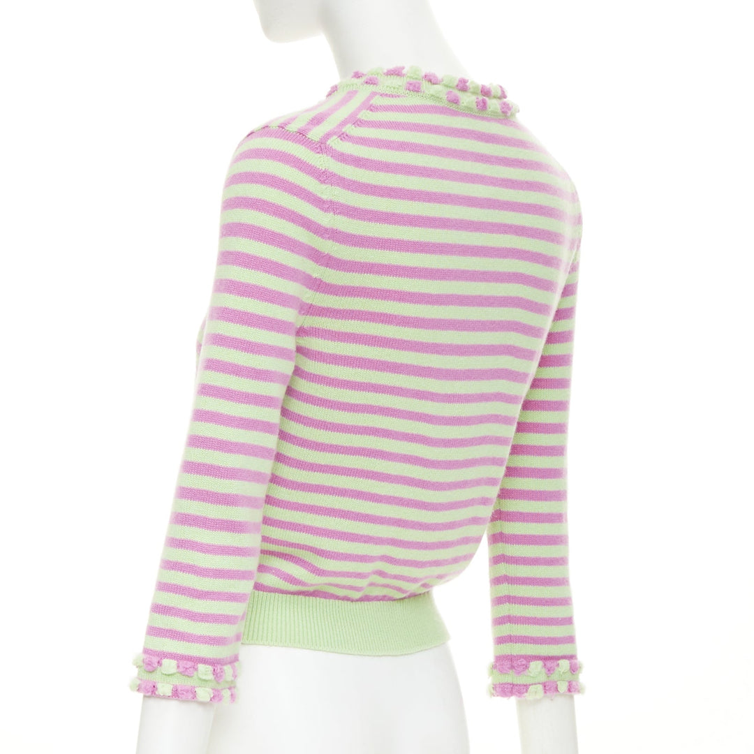 CHANEL 2025 Runway cashmere pink green striped swallow crystal cardigan FR36