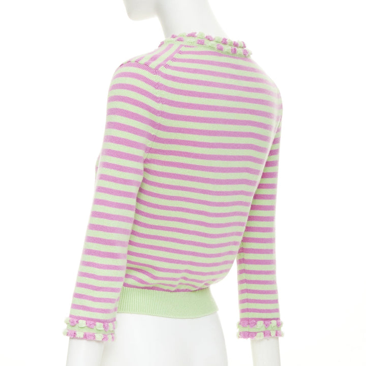 CHANEL 2025 Runway cashmere pink green striped swallow crystal cardigan FR36