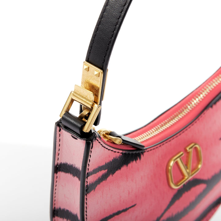 VALENTINO 2022 Tiger 1967 pink black animal print calfskin hobo moon bag