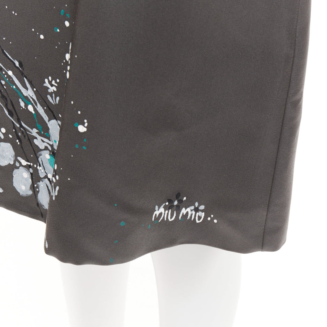 rare MIU MIU 2019 Runway grey black silk ruffle hand painted apron dress IT38 XS