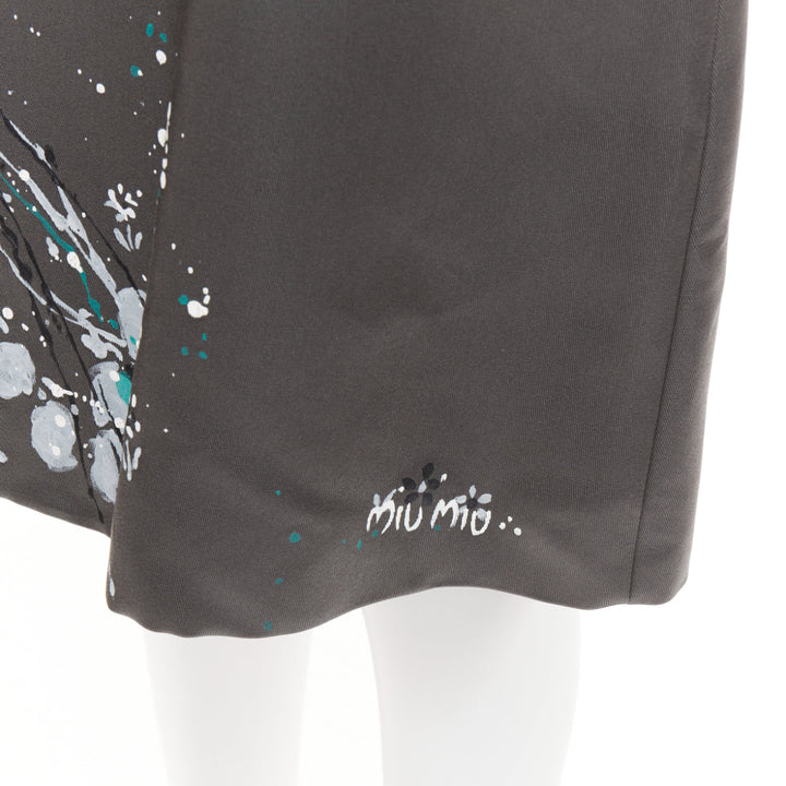 rare MIU MIU 2019 Runway grey black silk ruffle hand painted apron dress IT38 XS