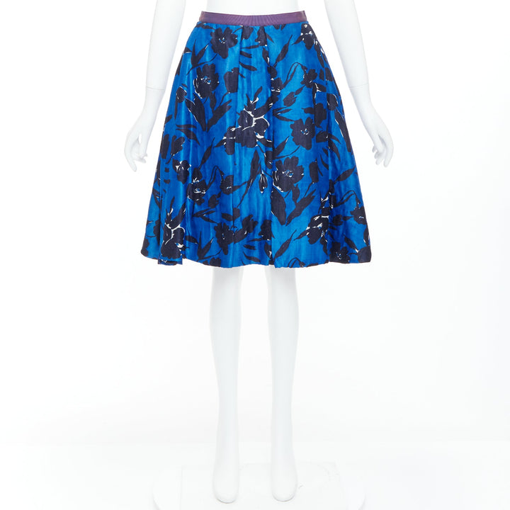 OSCAR DE LA RENTA S07 blue black silk cotton floral print full midi skirt US2 S