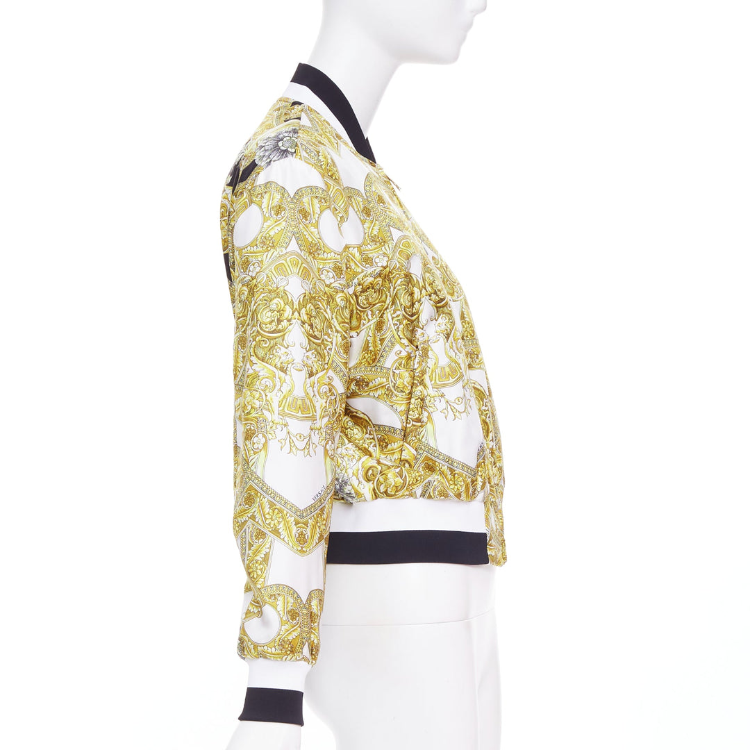 VERSACE 100% silk white gold Barocco chain print cropped bomber IT40 S