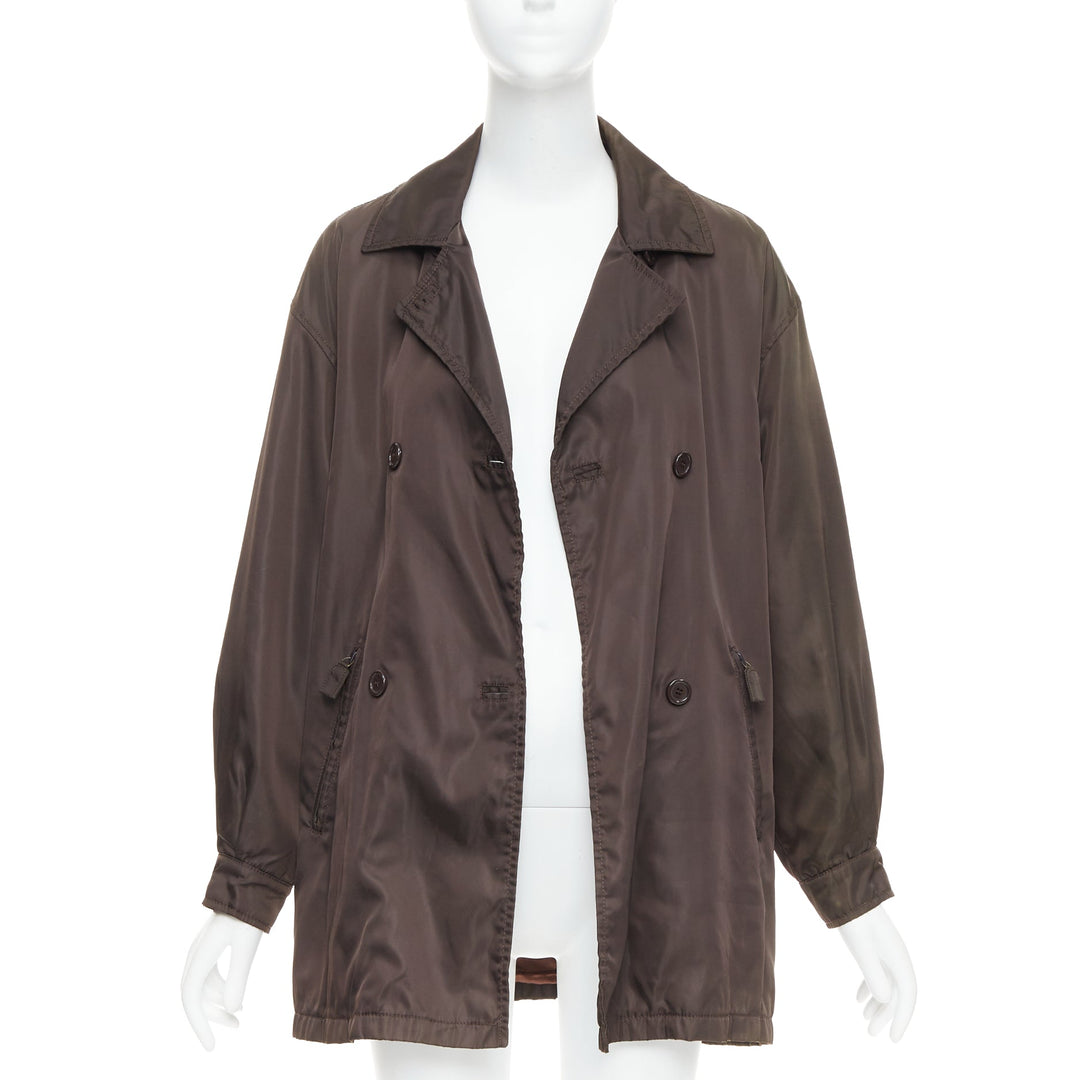 PRADA brown low sheen nylon double breasted short trench coat