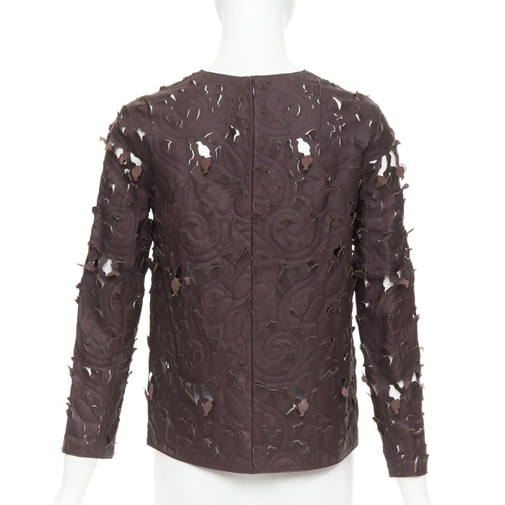 rare CARVEN Cassis brown laser cut lambskin leather floral top FR36