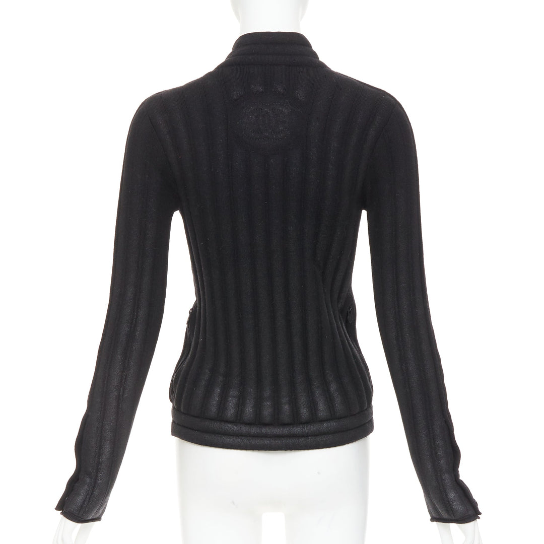 CHANEL 100% wool black metallic coated CC logo tubular pad biker jacket FR34 XS