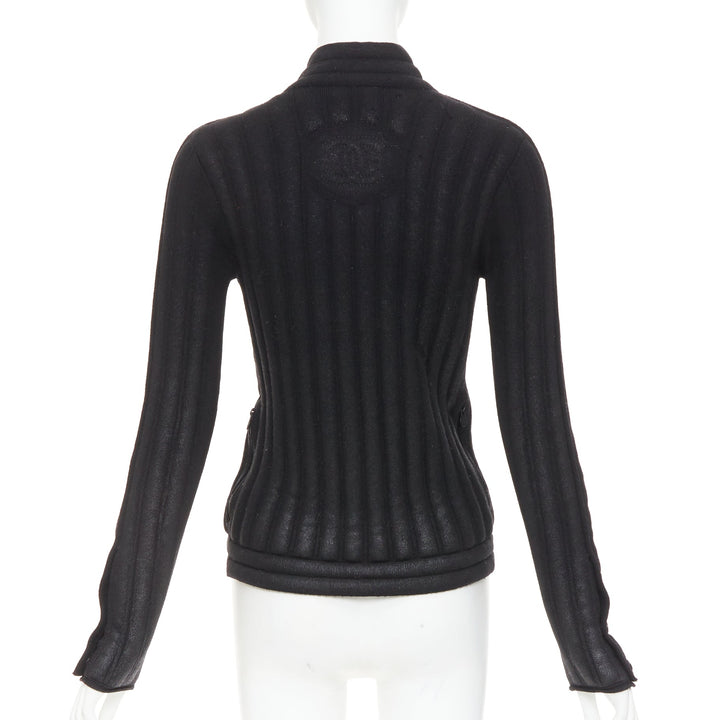 CHANEL 100% wool black metallic coated CC logo tubular pad biker jacket FR34 XS