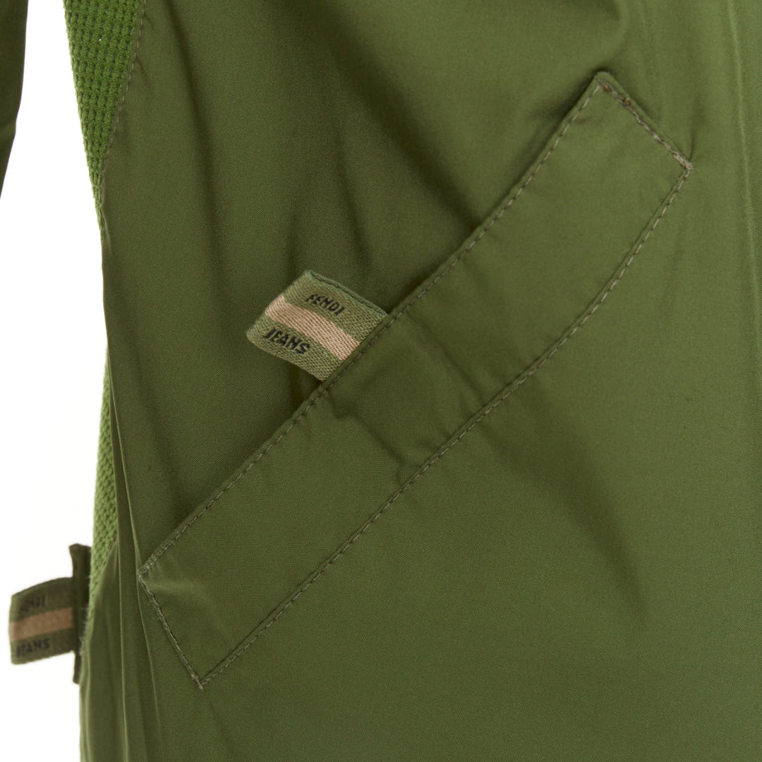 FENDI JEANS Vintage green nylon technical small logo zip up jacket