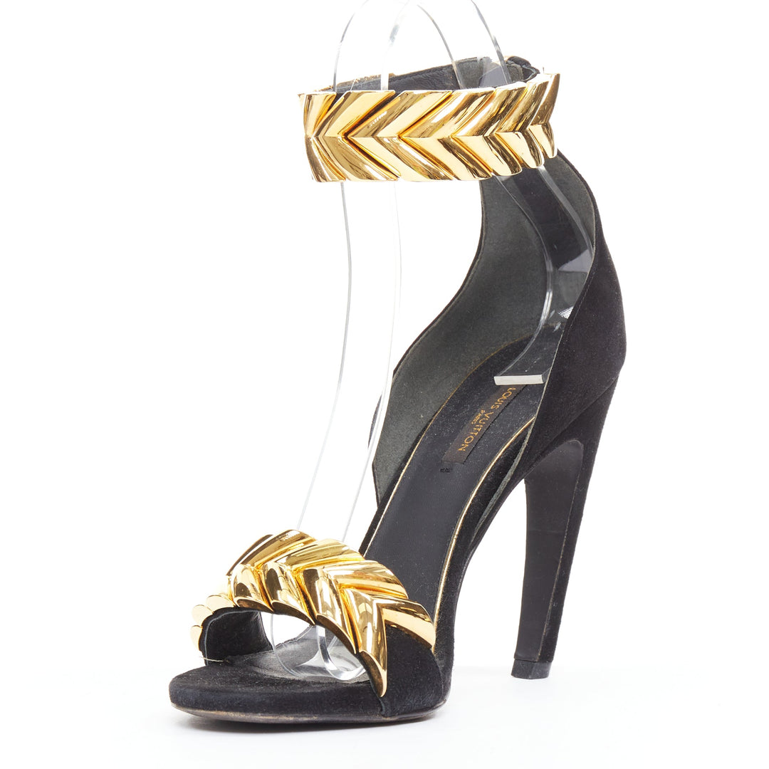 LOUIS VUITTON V Symphony black suede gold hardware high heel sandals EU38