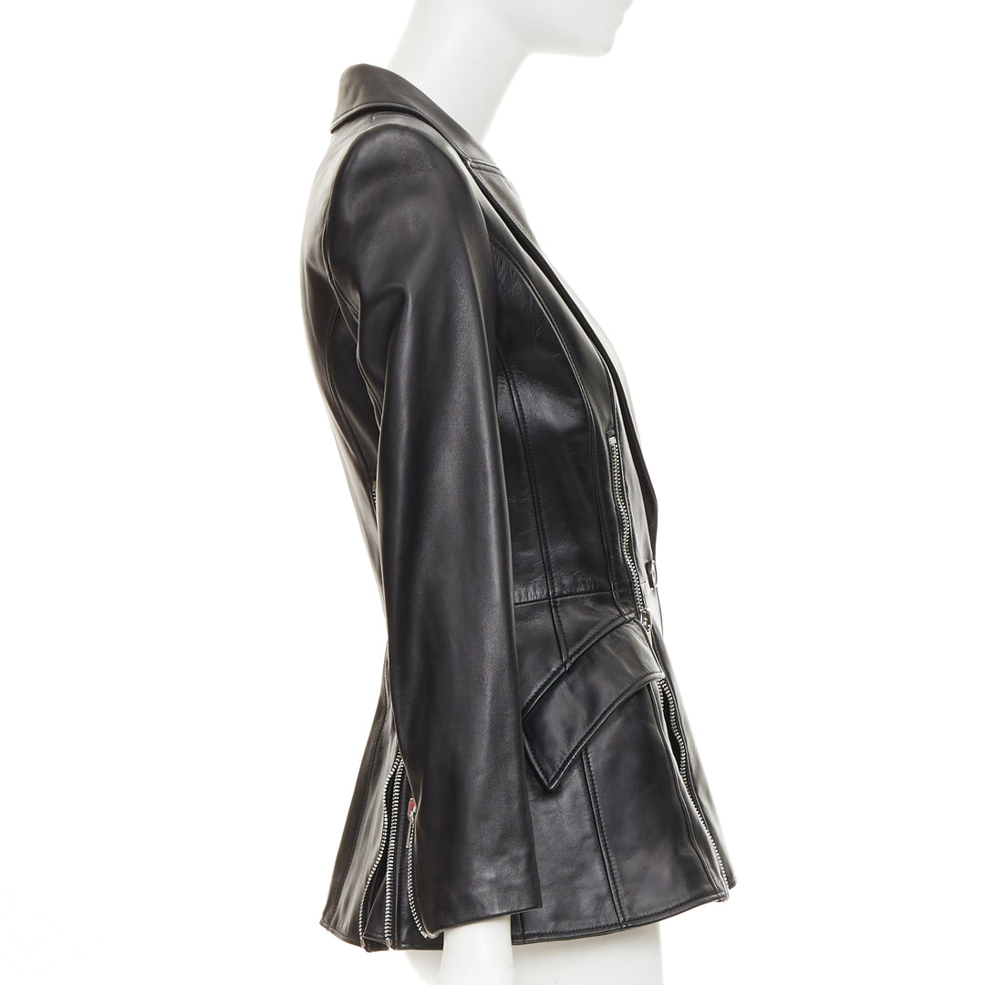 ALEXANDER MCQUEEN 2021 Zip Detail Peplum black lambskin leather blazer IT40 S