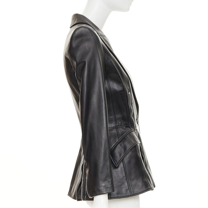 ALEXANDER MCQUEEN 2021 Zip Detail Peplum black lambskin leather blazer IT40 S