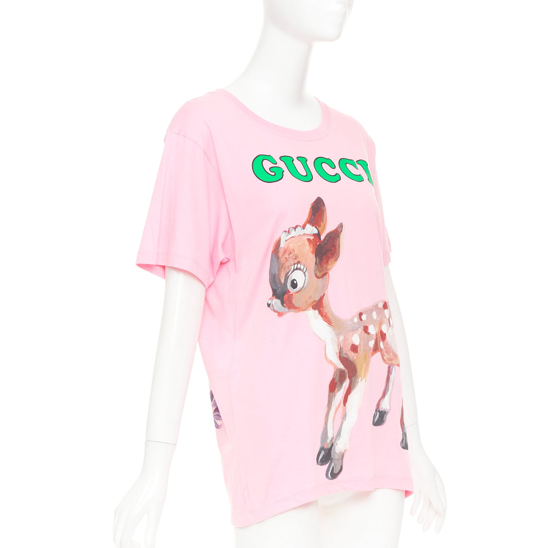GUCCI 2018 pink cotton Fawn Bambi heart print green logo t-shirt XS