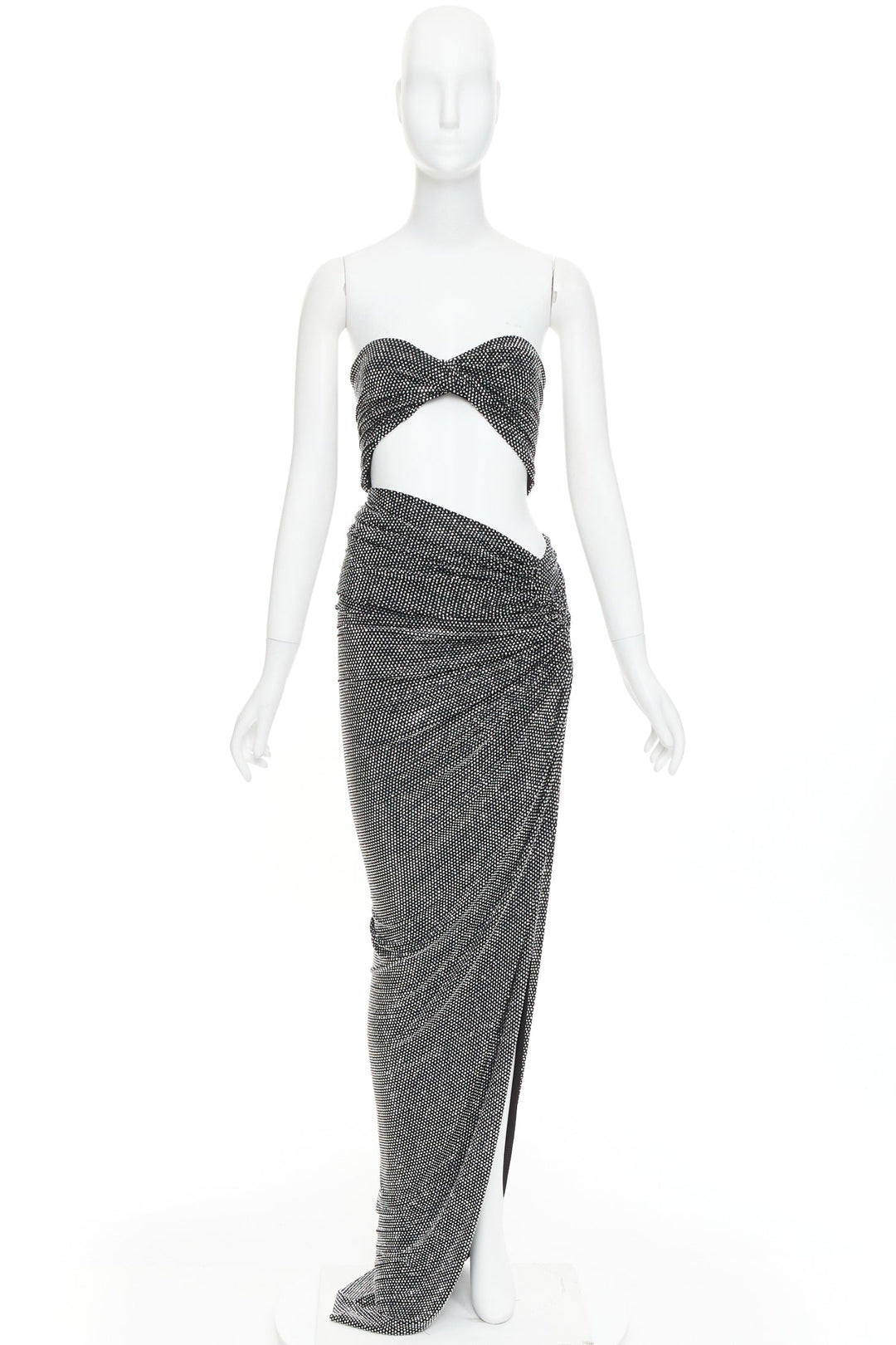 ALEXANDRE VAUTHIER silver strass crystal twisted bust cut out draped skirt gown