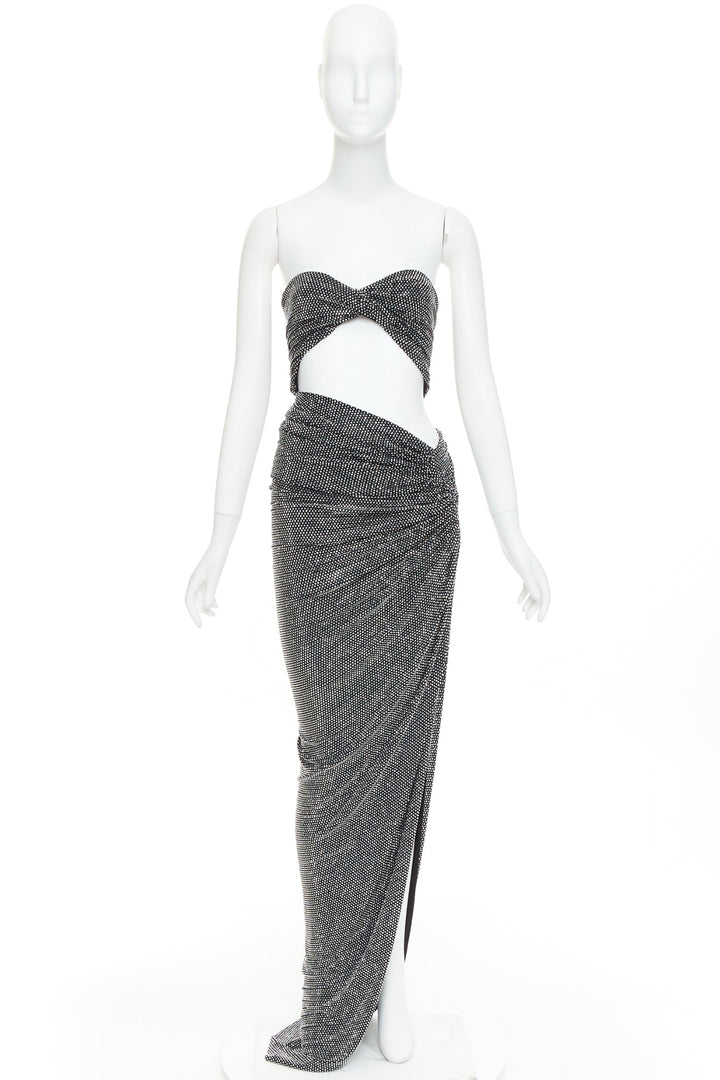 ALEXANDRE VAUTHIER silver strass crystal twisted bust cut out draped skirt gown