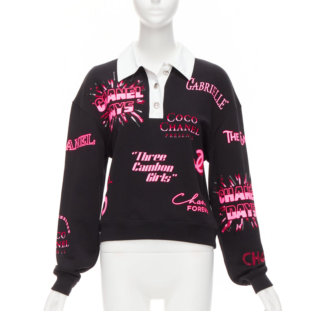 CHANEL neon pink black CC logo graphic cotton 5 silver button polo shirt S