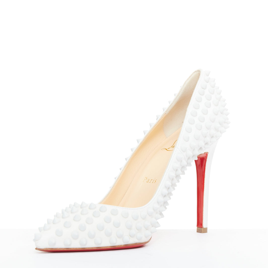 CHRISTIAN LOUBOUTIN Pigalle Spikes 100 white matte leather spike pumps EU37.5