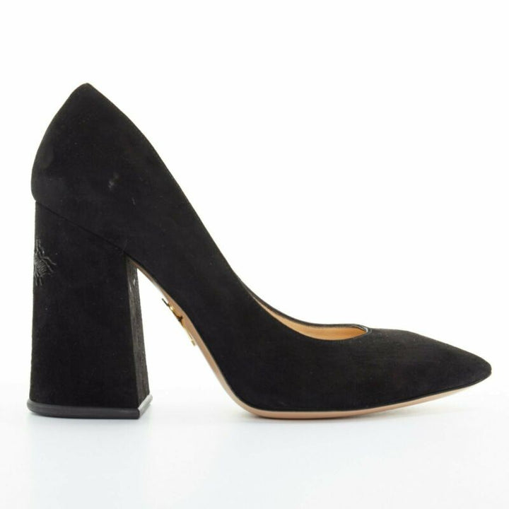 CHARLOTTE OLYMPIA black suede point toe spider embroidered chunky high heel EU35