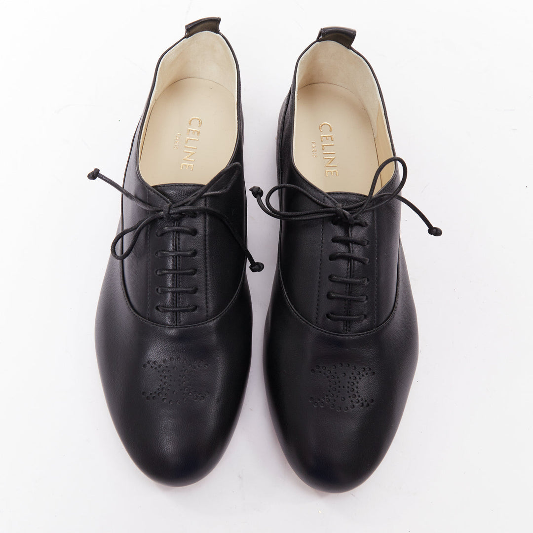 CELINE Lise Triomphe Richelieu black smooth perforated flat sole loafers EU39