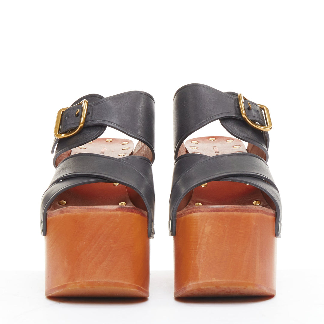 CELINE Phoebe Philo black brown calf wooden platform clog sandals EU37