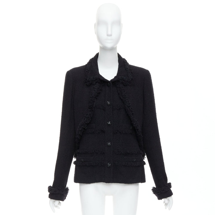 CHANEL 08A Runway black tweed braided fringe tromp loeil 4 pocket jacket FR46