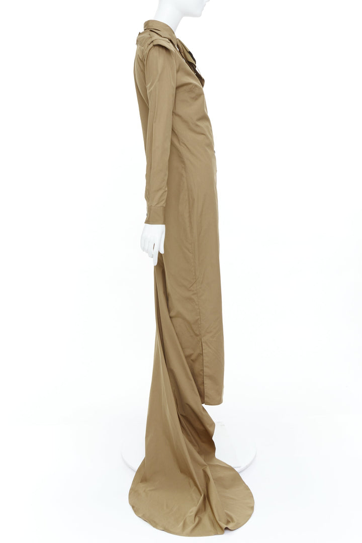 PRADA 2023 Runway brown poplin necktie safari utility shirt trail gown IT38 XS