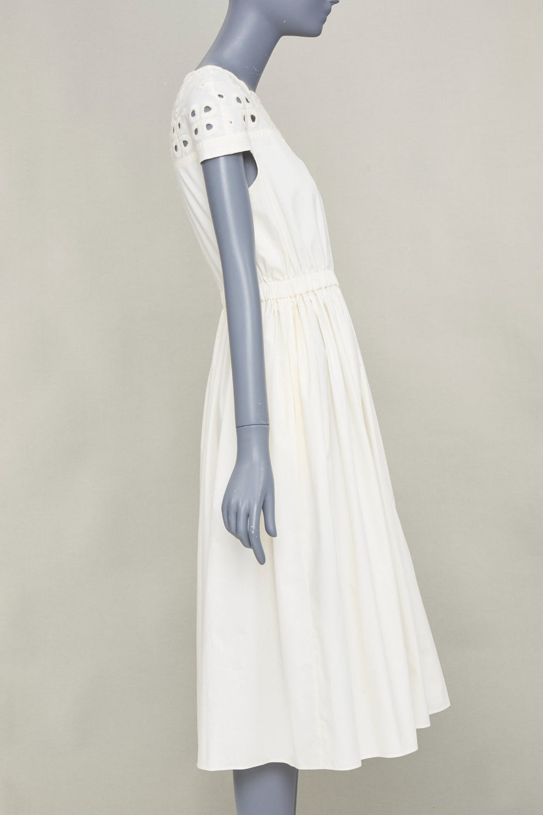 FENDI eyelet cutout scalloped yoke white cotton poplin midi dress IT40 S