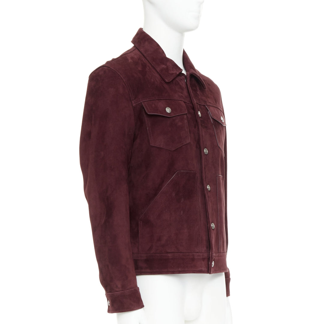 TOM FORD burgundy suede calf logo buttons Western trucker jacket IT50 L