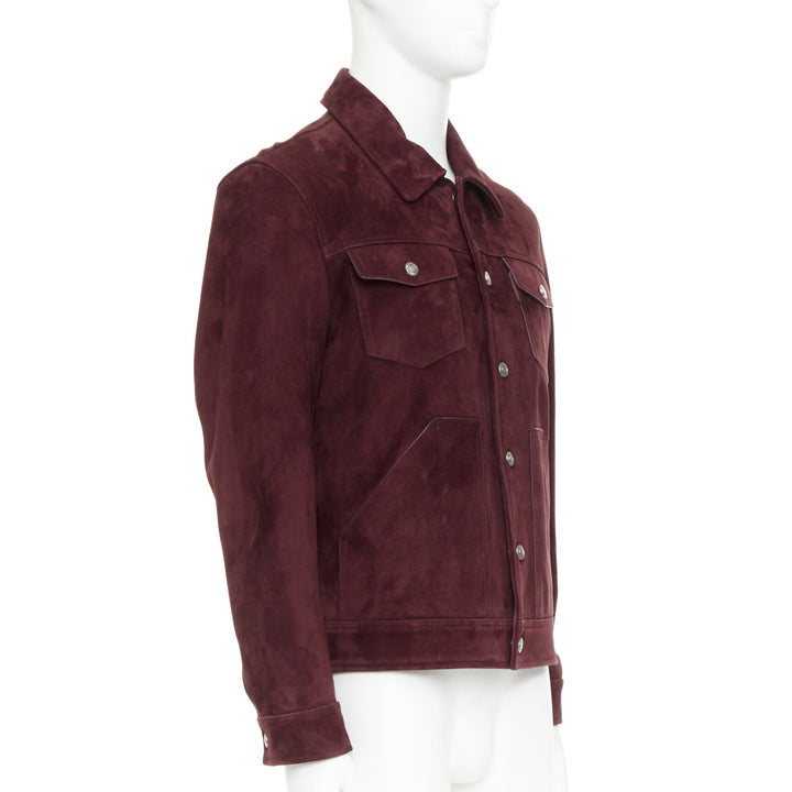 TOM FORD burgundy suede calf logo buttons Western trucker jacket IT50 L