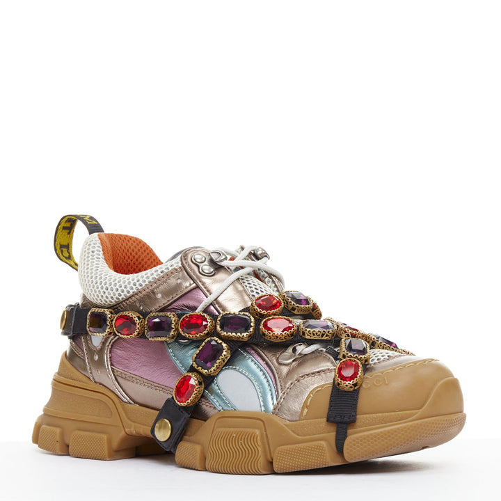 GUCCI Flashtrek pink blue metallic leather crystal harness dad sneakers EU37