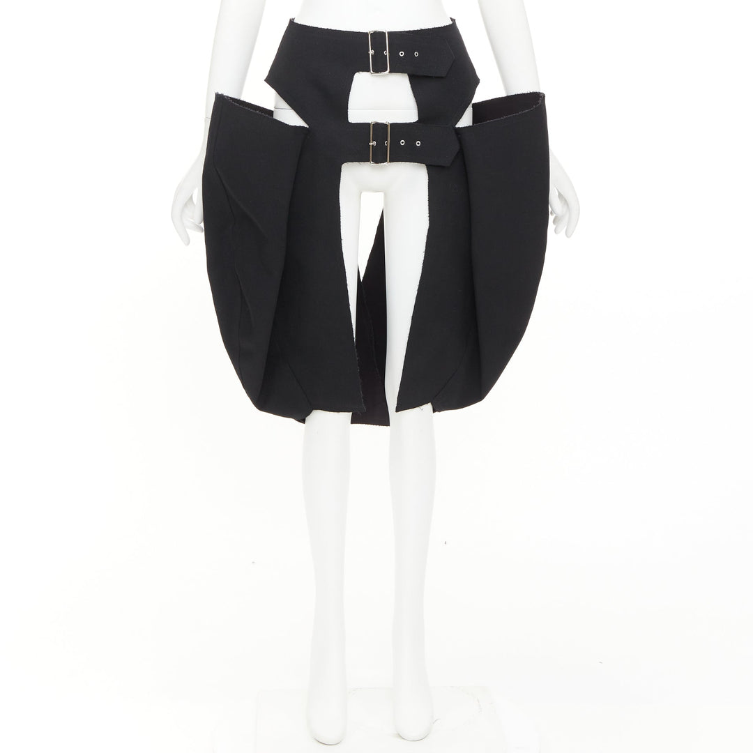 rare COMME DES GARCONS 2019 black wool multi buckle cut out pannier skirt XS
