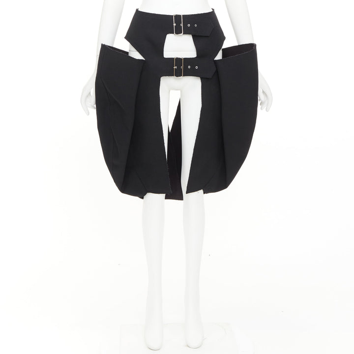 rare COMME DES GARCONS 2019 black wool multi buckle cut out pannier skirt XS