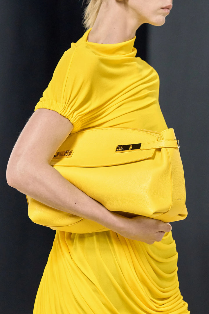 FERRAGAMO Maximilian Davis 2023 Runway yellow asymmetric ruched dress IT38 XS