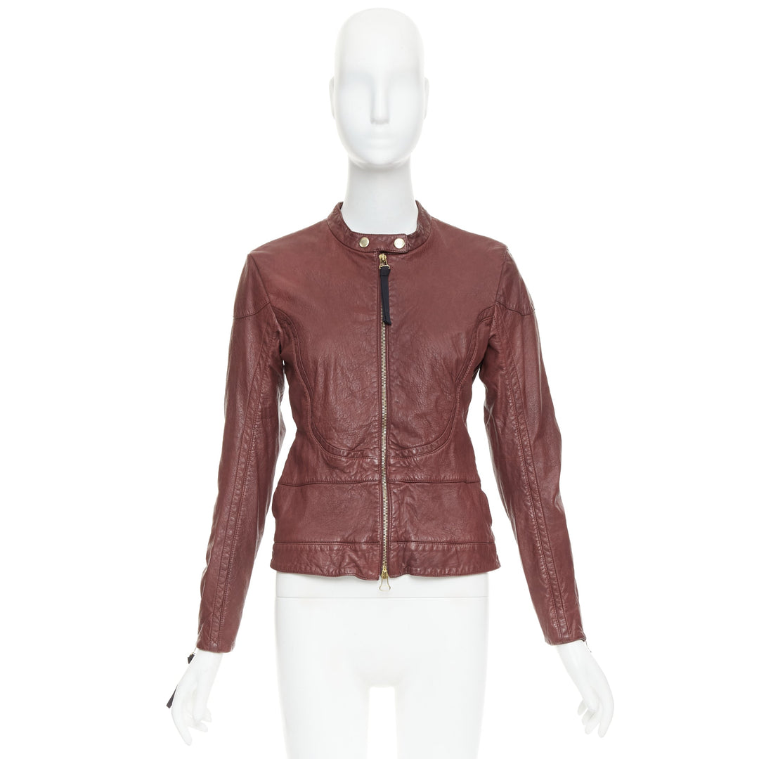 MARNI 2012 burgundy crinkled lamb leather wool lining moto biker jacket IT42 M