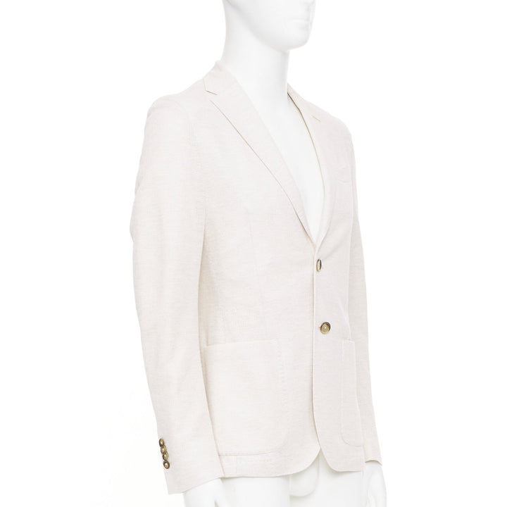 EQUIL beige flax cotton blend slub notch lapel patch pocket blazer jacket EU46 S