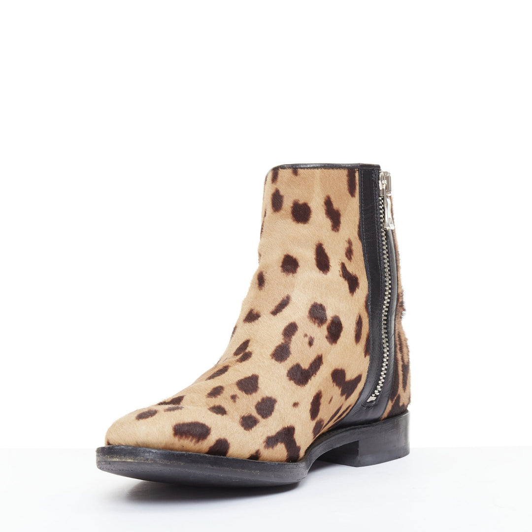 BALMAIN 2015 leopard print calf hair leather side zip classic ankle boots EU43