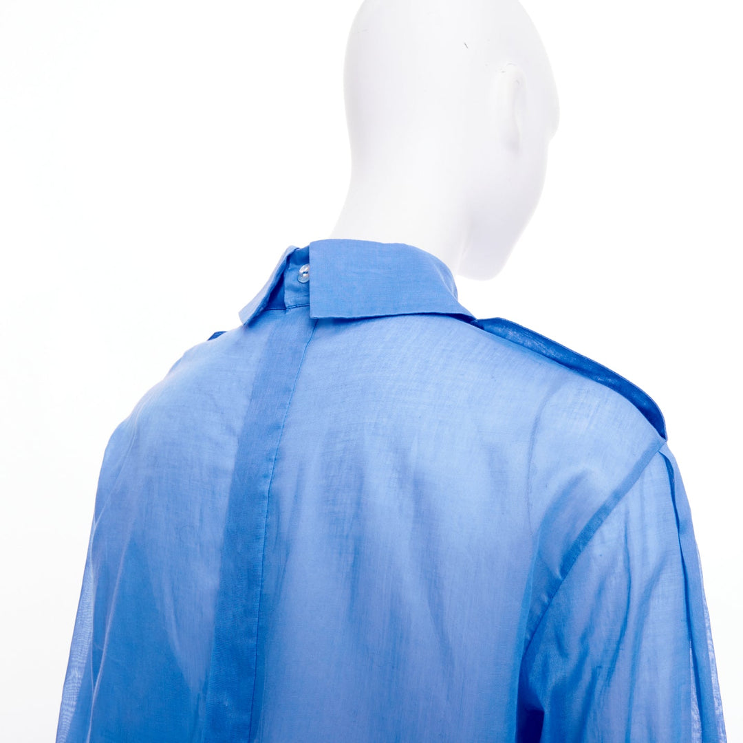 CHANEL sheer panel blue cotton double breasted epaulet button shirt FR38 M