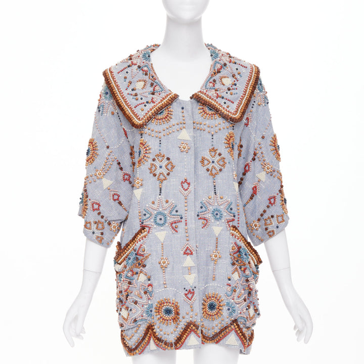 rare MATTHEW WILLIAMSON blue geometric wood bead pearl embellished coat UK12 L