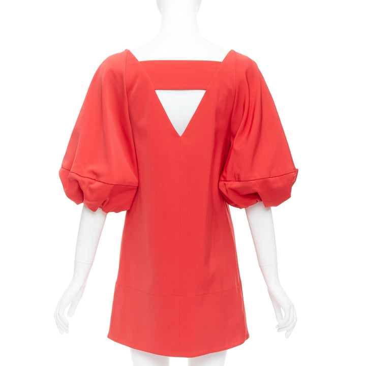 TIBI red satin puff half sleeve V cut out back mini dress US2 S