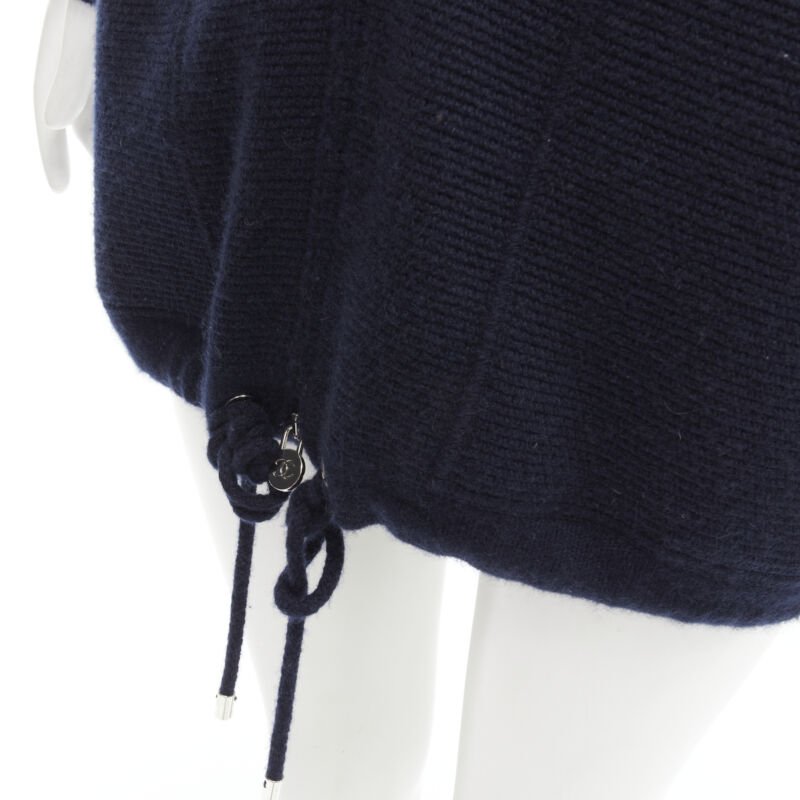 CHANEL 100% cashmere navy silver CC zip up hooded sweater FR34 XS