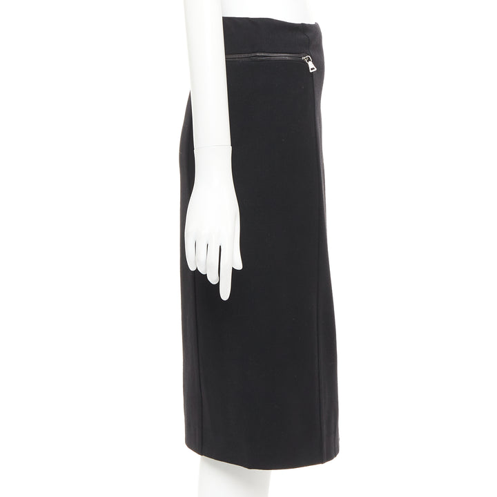 PRADA Vintage black wool minimal linear leather trim zip pocket skirt IT38 XS