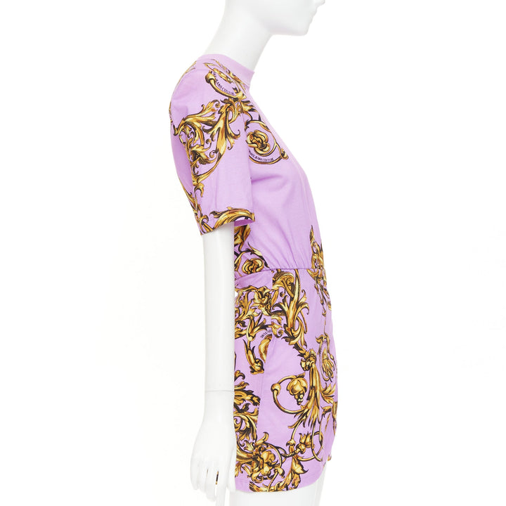 VERSACE JEANS COUTURE 2022 lilac gold baroque padded shoulder wrap dress IT36